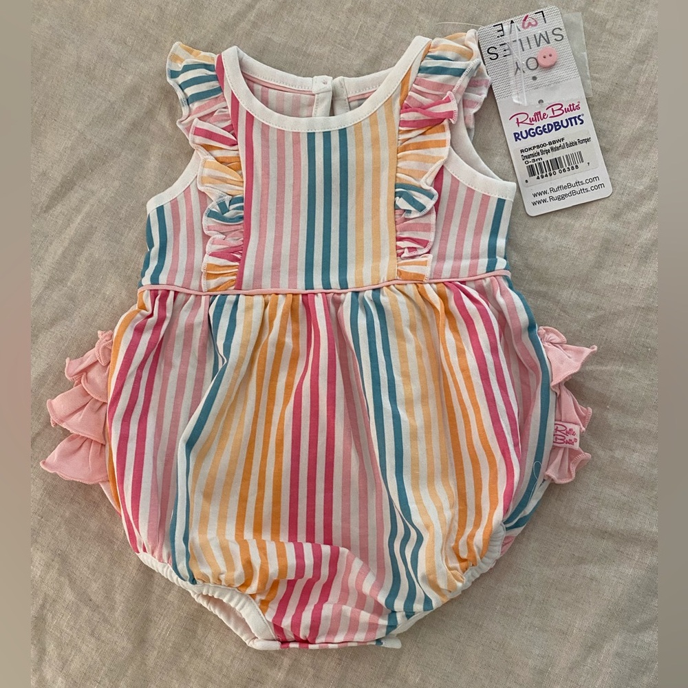 NWT RuffleButts Baby Girls Pastel Striped Romper